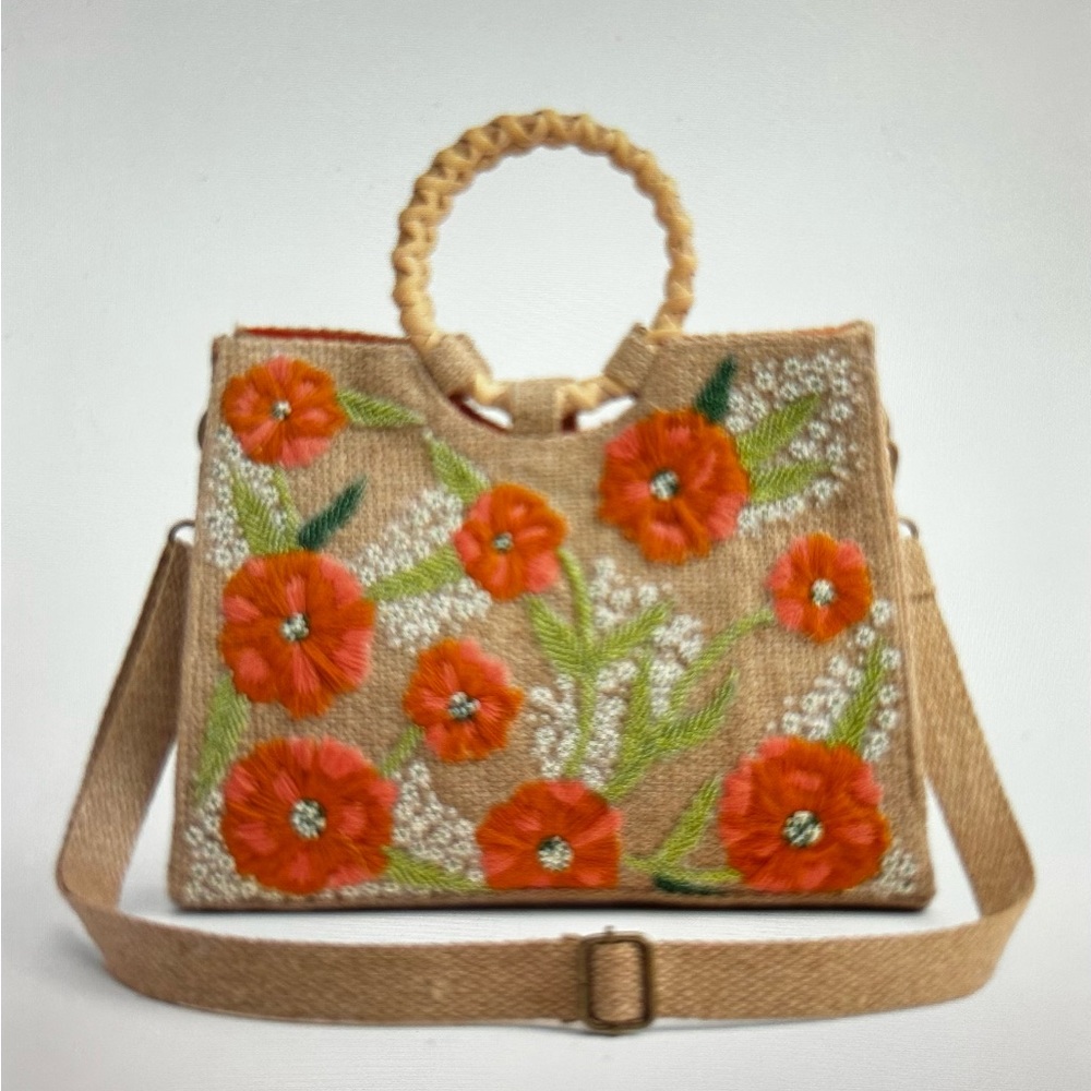 Floral Beaded Jute Shoulder Bag